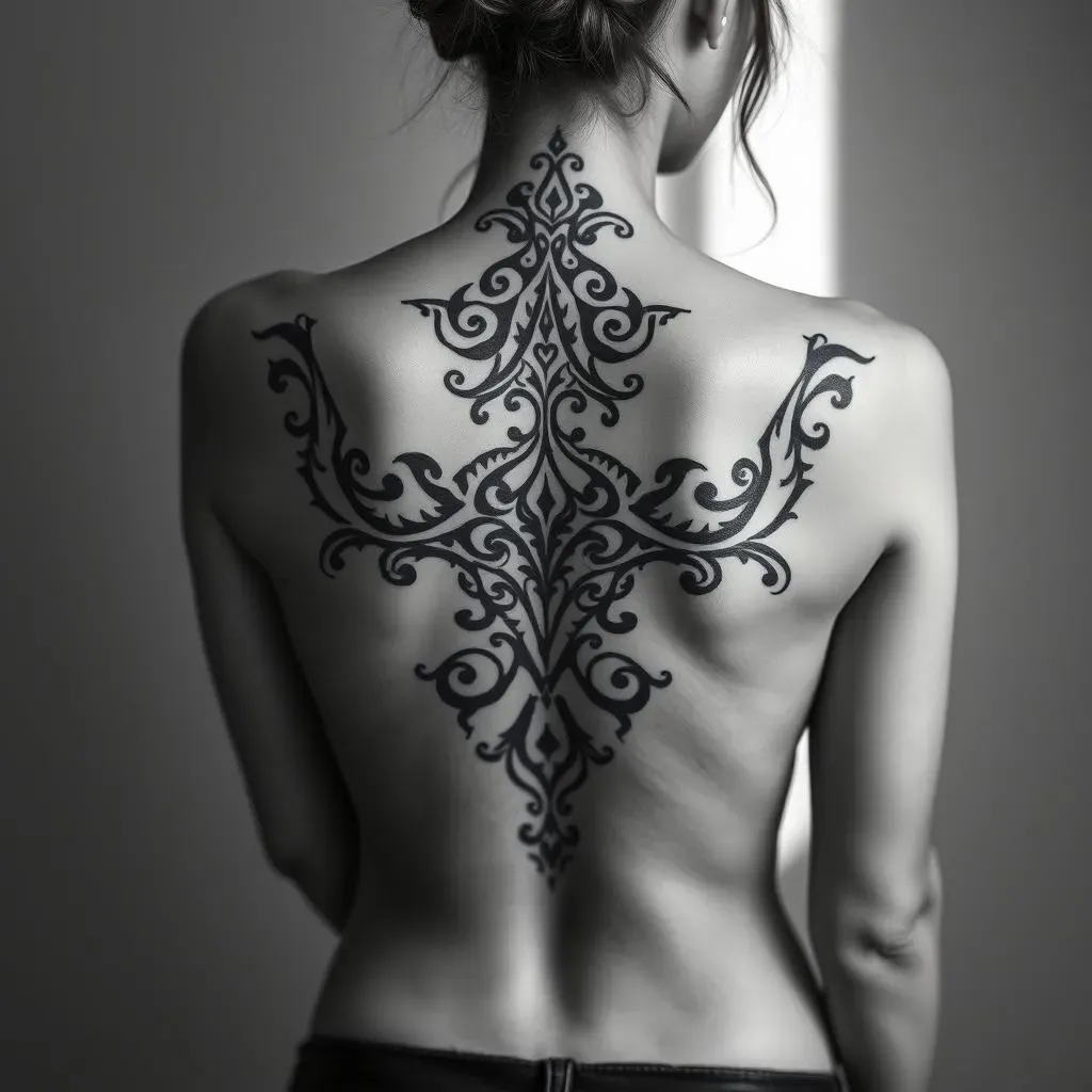 Awesome Black & Grey Tribal Back Tattoos for Women