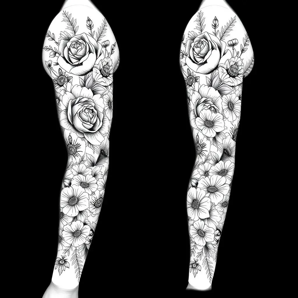 Floral and Botanical Black and White Sleeve Tattoo Ideas