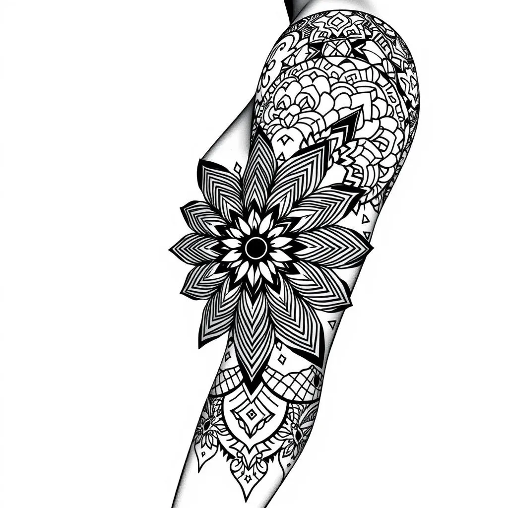 Mandala and Geometric Patterns for Women's Sleeve Tattoos in Black and White